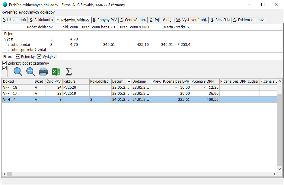Prehľad evidovaných dokladov
