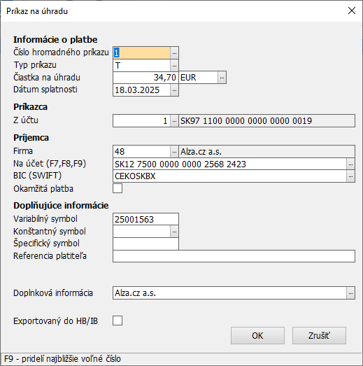 Editačné okno príkazu na úhradu