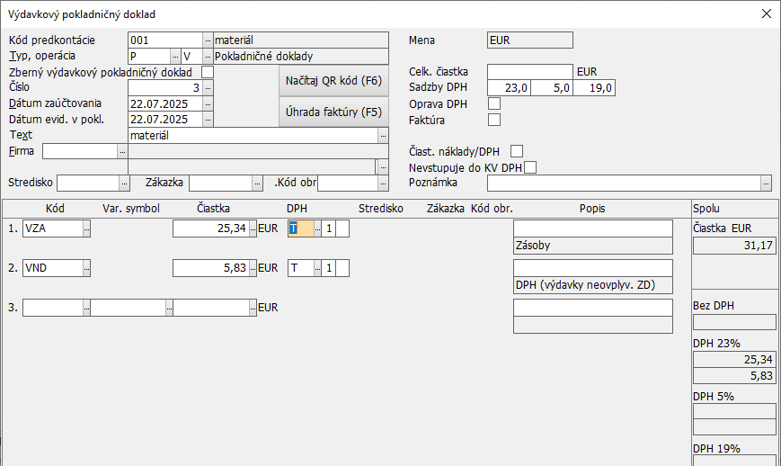 Editačné okno dokladu